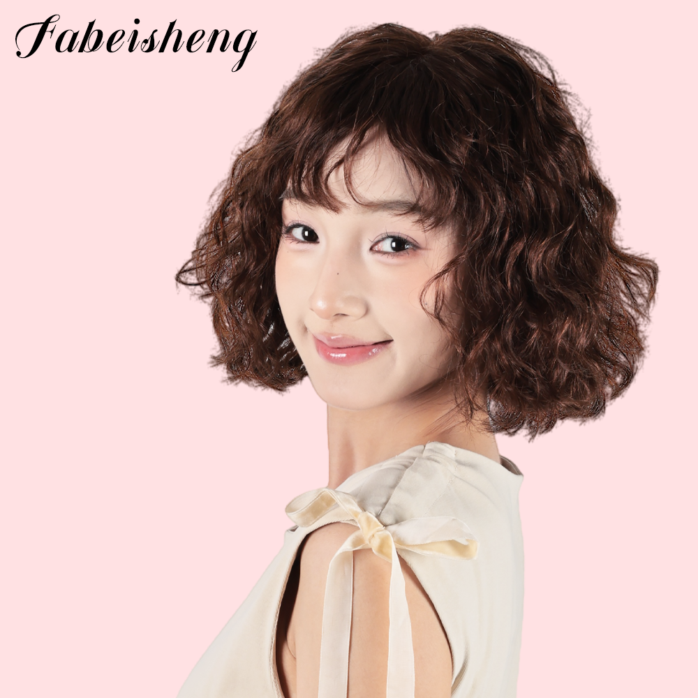 FBS Simulated Scalp Natural Bangs Curly Hair Light Brown Wig